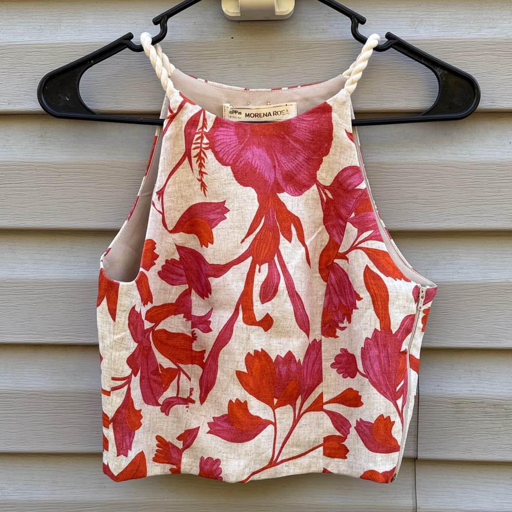 Morena Rosa Justo Alca Viscose Linen Blend Floral Crop Top XS Pink Orange Cream